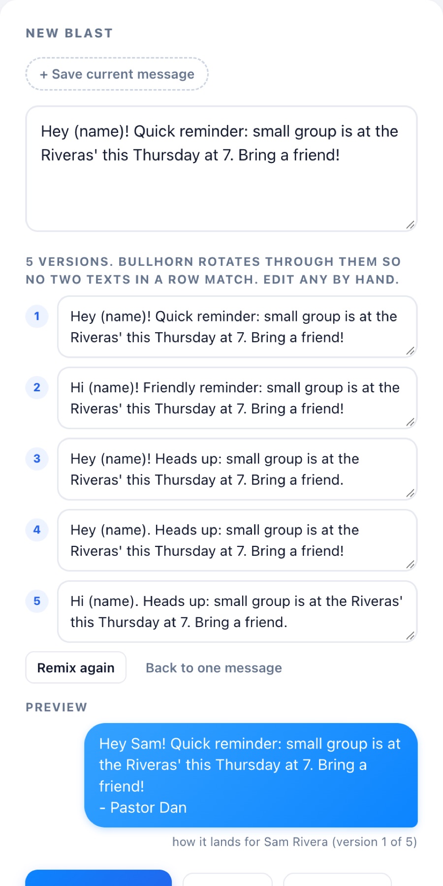 The Bullhorn Text compose area showing five versions of one message